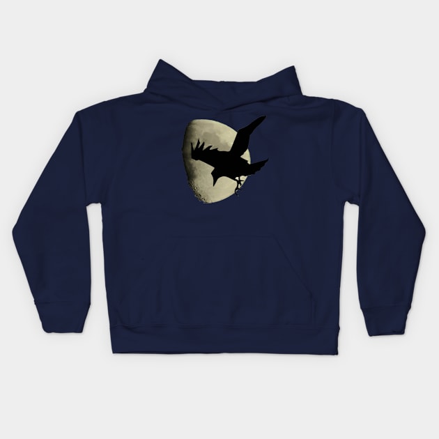 Half Moon With Flying Raven Crow Silhouette Kids Hoodie by taiche